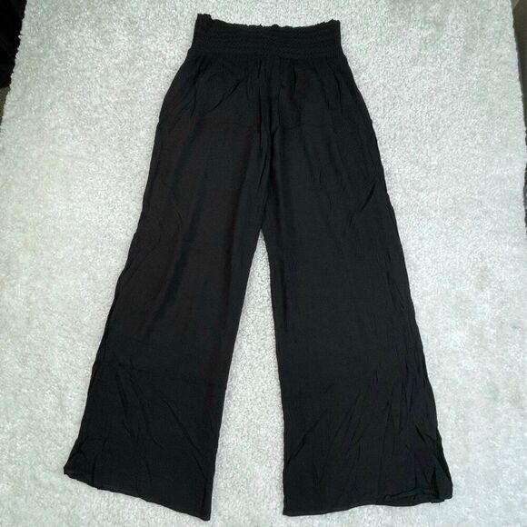 American Eagle High Waisted Crinkle Gauze Wide Leg Pant Black - Picture 3 of 8